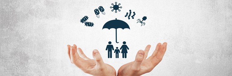 Open hands with illustration of family under umbrella.